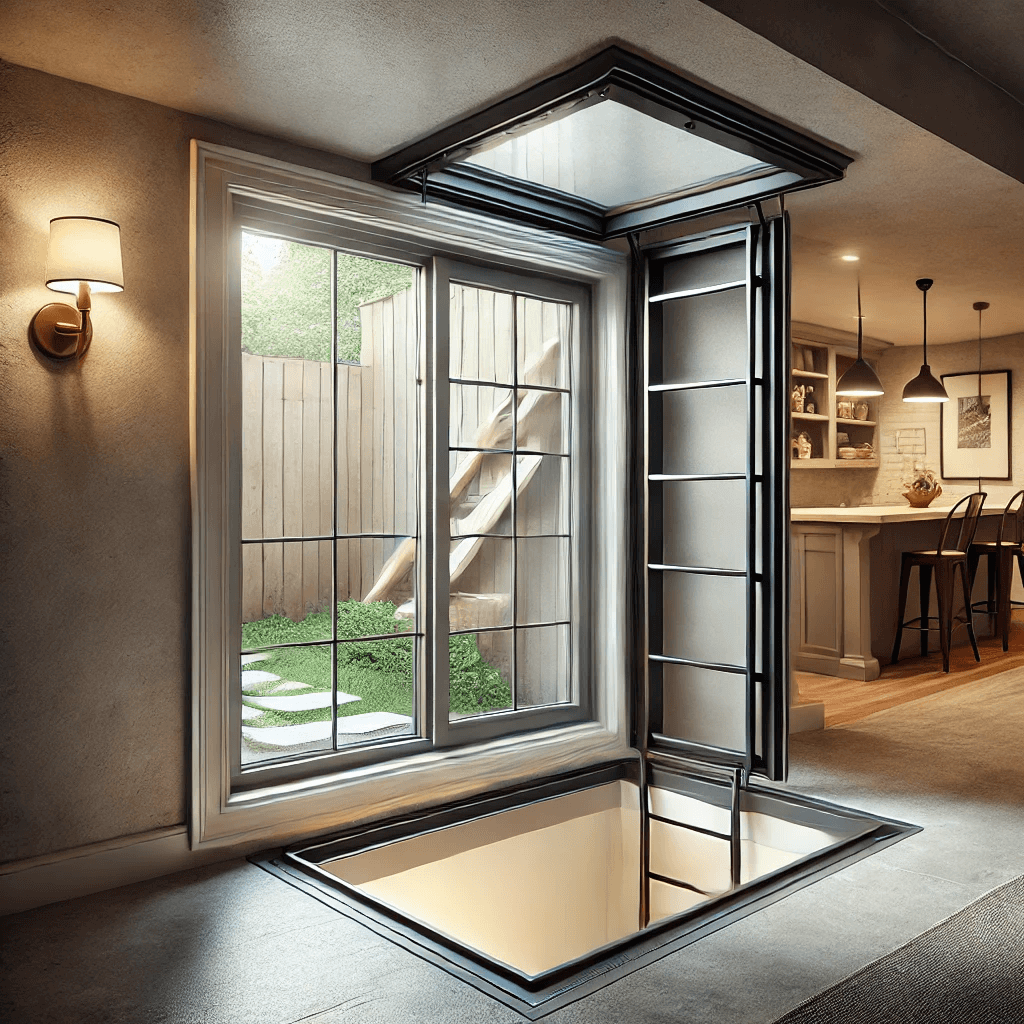 Basement with a newly installed egress window, allowing natural light and meeting safety requirements for emergency exits.