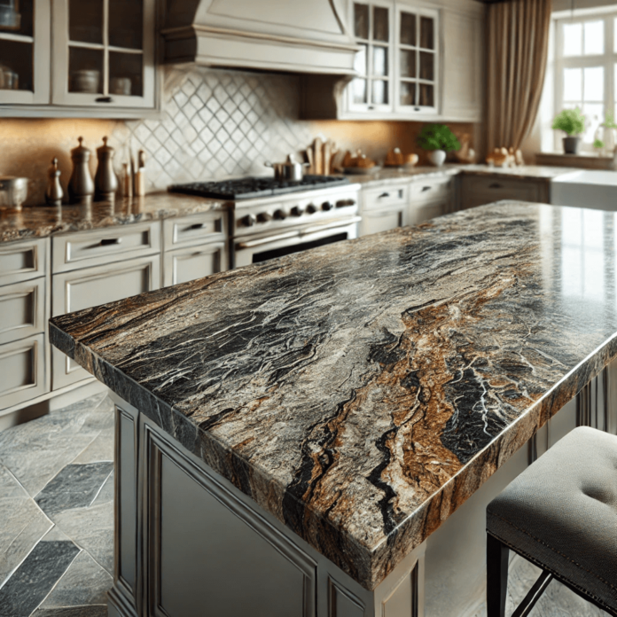 Modern kitchen with polished granite countertops featuring natural stone patterns and complementary cabinetry.