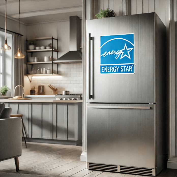 Modern stainless steel refrigerator with Energy Star label in a minimalist kitchen, representing energy-efficient, eco-friendly appliances.