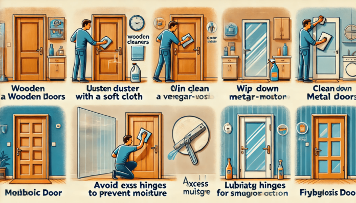 Illustration showing how to clean and maintain different types of doors, including wooden, glass, metal, and fiberglass doors.