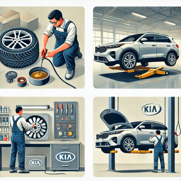 Mechanic performing Kia car maintenance tasks including oil change, tire pressure check, brake inspection, and battery replacement in a clean auto workshop.