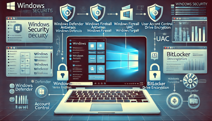 Illustration of a Windows laptop showing security settings like Windows Defender Antivirus, Windows Firewall, User Account Control (UAC), and BitLocker Drive Encryption.