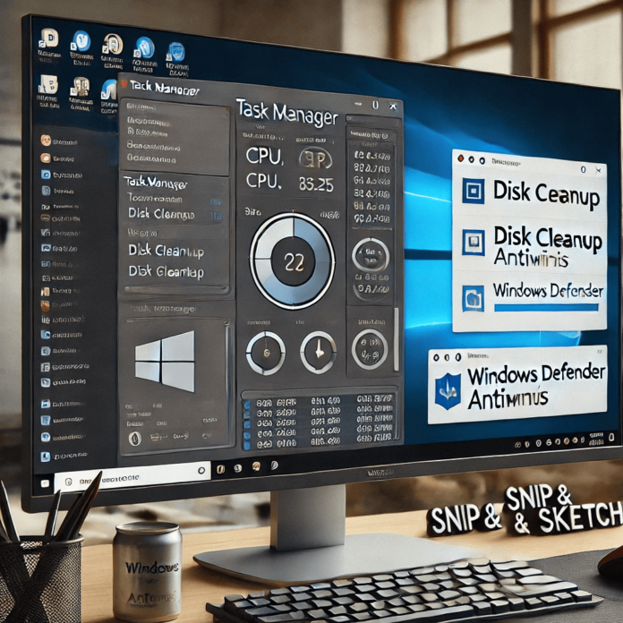 Desktop showing key Windows tools including Task Manager, Disk Cleanup, Windows Defender Antivirus, and Snip & Sketch running on a clean Windows interface.