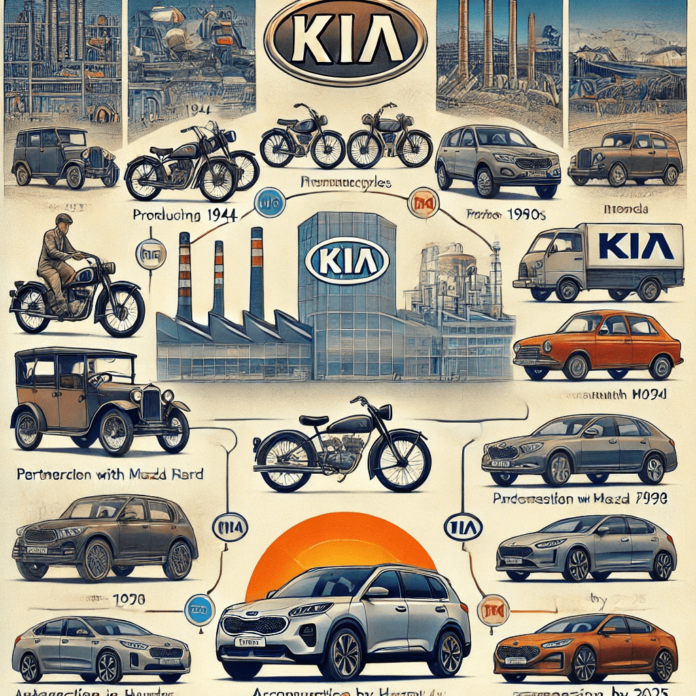 Illustration showing the history and evolution of Kia, from its founding in 1944 to becoming a global automotive leader, featuring major milestones and iconic car models.