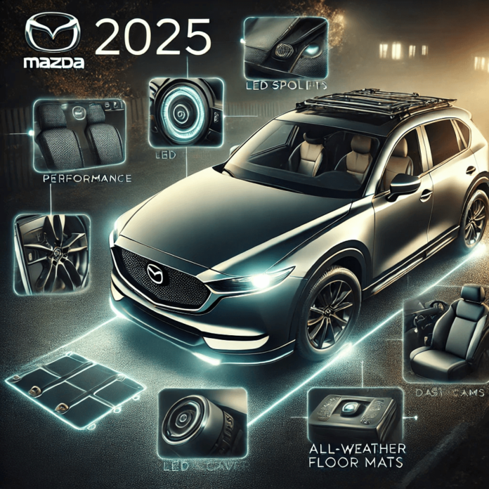 2025 Mazda model featuring upgrades like custom spoilers, LED headlights, premium seat covers, and roof racks for enhanced performance and versatility.