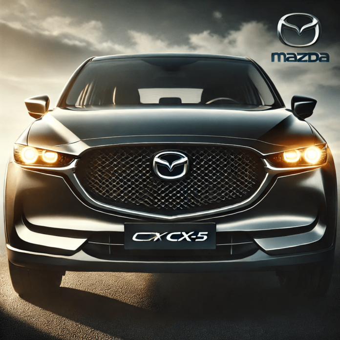 Close-up of the Mazda CX-5 front grille and headlights, reflecting its Kodo design philosophy in a natural outdoor setting.