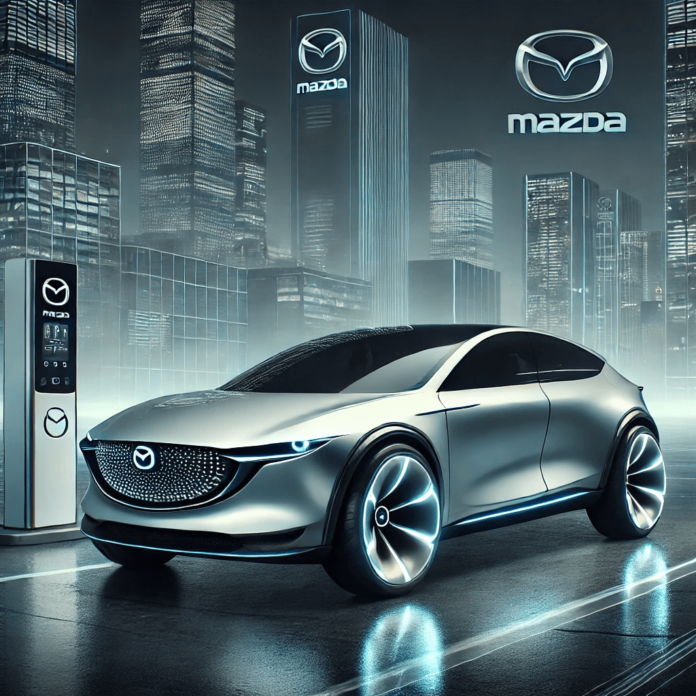 Futuristic Mazda electric vehicle with minimalist design in an eco-friendly setting featuring charging stations and green technology.