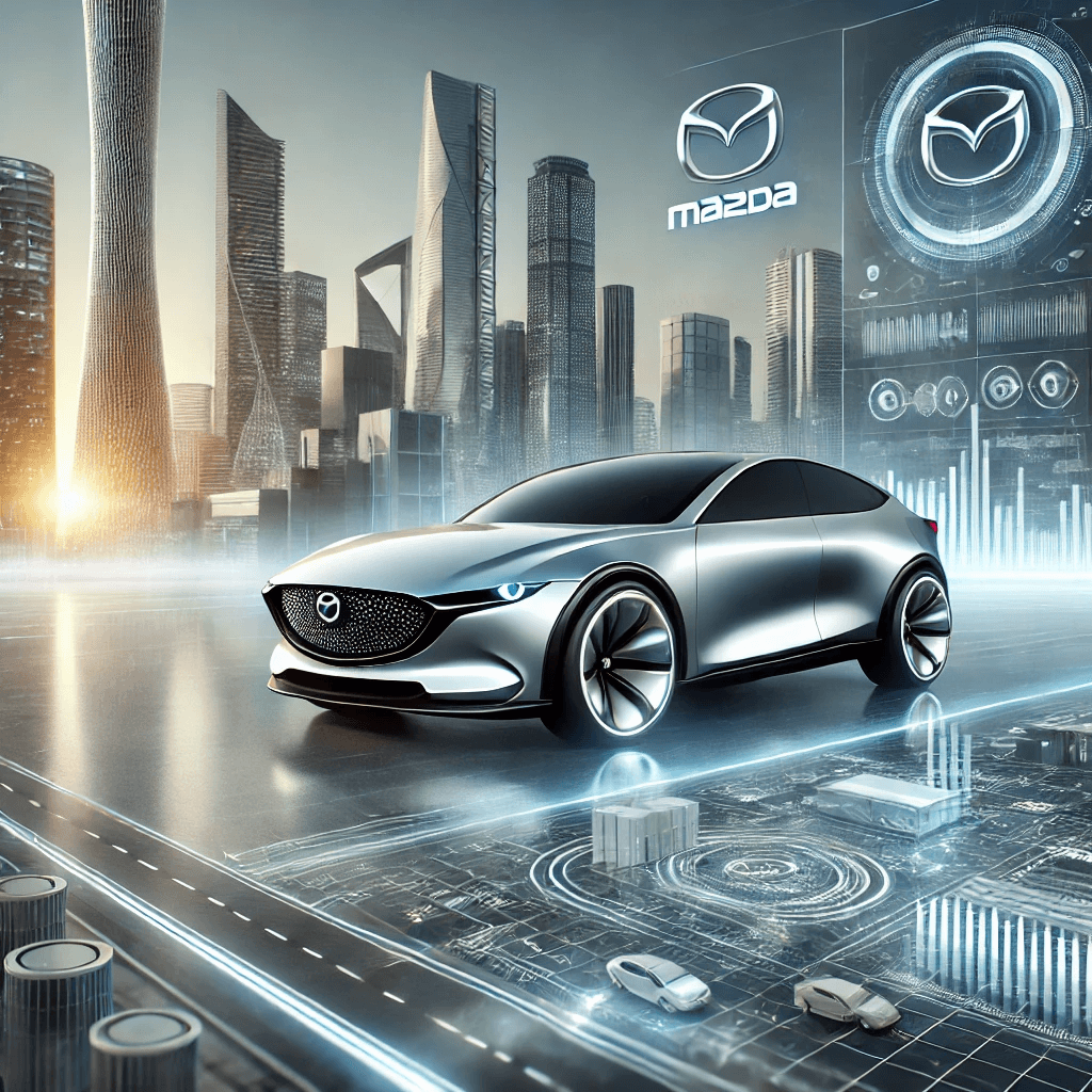 Futuristic Mazda vehicle with sleek, aerodynamic design in a modern cityscape featuring smart technology and eco-friendly elements.
