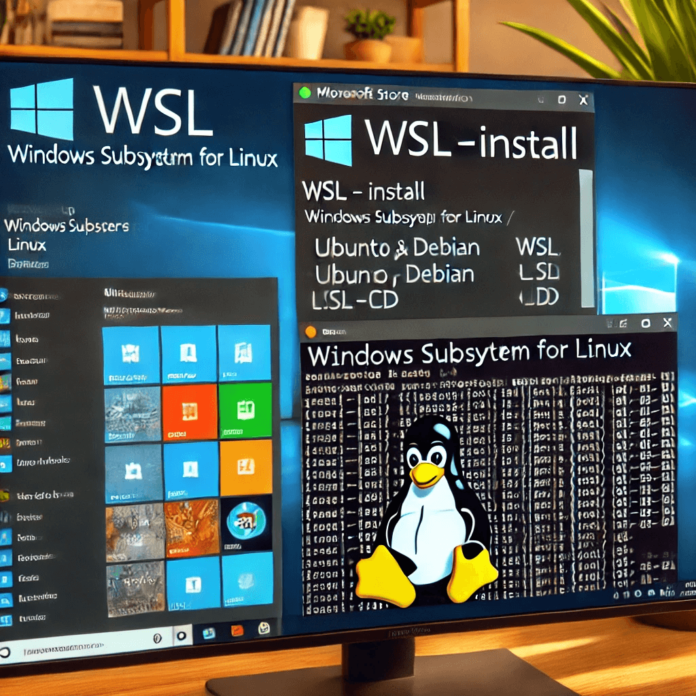 Windows PC screen showing WSL installation in PowerShell, Microsoft Store with Linux distributions, and Linux commands running in WSL terminal.