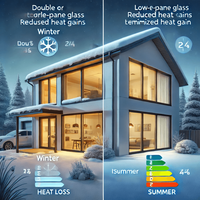 Modern home with energy-efficient windows showcasing double-pane glass and insulation benefits, reducing heat loss in winter and minimizing heat gain in summer.