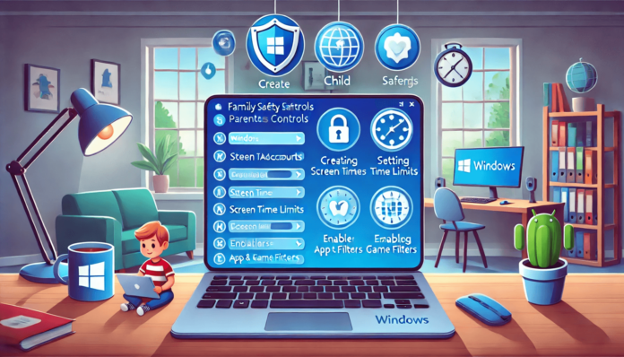 Illustration of a Windows laptop displaying Family Safety settings for setting up parental controls, including creating child accounts, managing screen time limits, enabling web filters, and restricting app access.