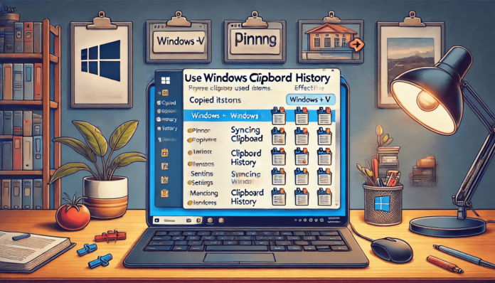 Illustration of a Windows laptop displaying the Clipboard History panel, showing recently copied text and images, accessible via the shortcut Windows + V.