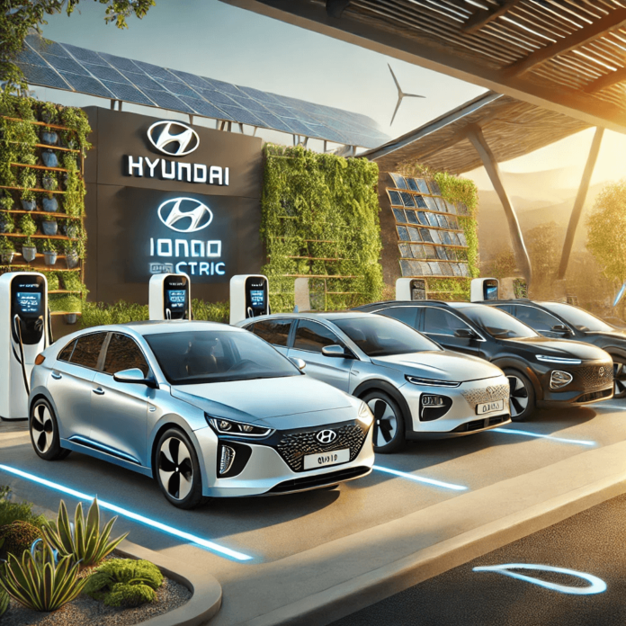 Hyundai electric vehicles including Ioniq 5 and Kona Electric parked near a charging station, surrounded by greenery, solar panels, and a modern cityscape.