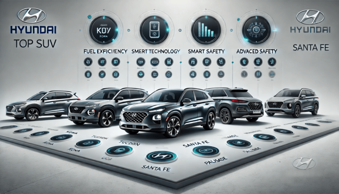 Comparison chart of Hyundai SUVs, highlighting models like the Hyundai Kona, Tucson, Santa Fe, and Palisade with key features such as fuel efficiency, smart technology, advanced safety, and eco-friendly design.