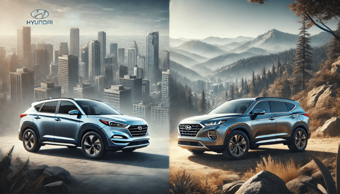 Side-by-side image of the Hyundai Tucson in a city setting and the Hyundai Santa Fe in a rugged outdoor environment, highlighting the differences in design, size, and key features.