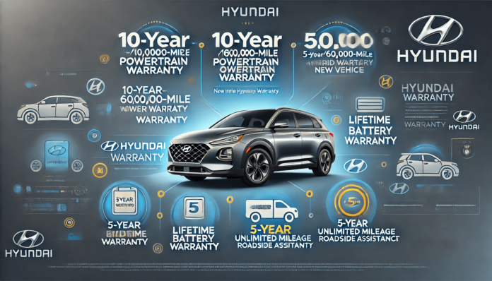 Infographic showcasing Hyundai’s warranty features, including a 10-year/100,000-mile powertrain warranty, 5-year/60,000-mile new vehicle warranty, lifetime hybrid battery warranty, and 5-year unlimited mileage roadside assistance.