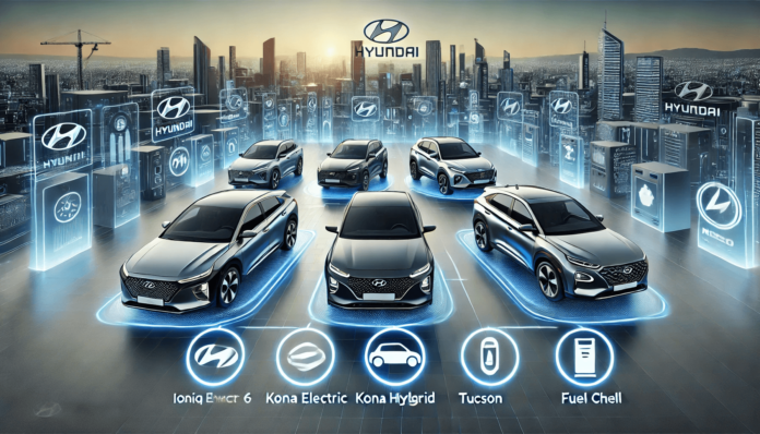 A modern lineup of Hyundai’s fuel-efficient cars for 2025, featuring the Ioniq 6, Kona Electric, and Tucson Hybrid, set in a futuristic, eco-friendly landscape with icons representing electric and hybrid technologies.