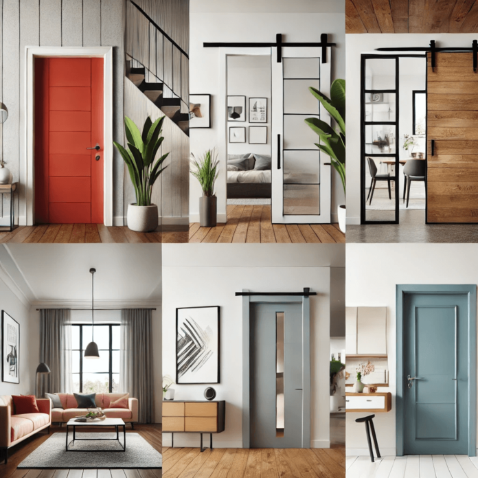 Image showcasing modern interior door designs, including a bold-colored solid door, a contemporary sliding barn door, a glass panel door, and a minimalist flush door in a stylish home setting.