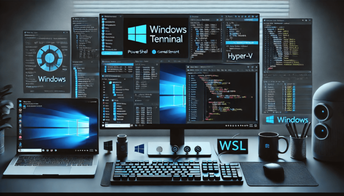 A Windows desktop displaying essential developer tools: Windows Terminal, Visual Studio Code, Task Scheduler, and Hyper-V Manager.