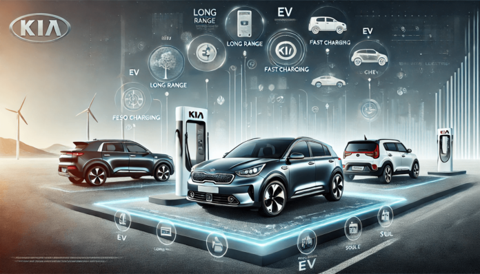 Infographic showcasing Kia's electric vehicles, including the Kia EV6, Niro EV, and Soul EV, highlighting their long-range, fast-charging capabilities, and zero-emission technology, with a futuristic charging station in the background.