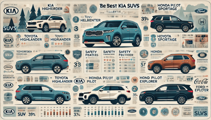 Infographic comparing Kia SUVs like the Telluride, Sorento, and Sportage with competitors such as the Toyota Highlander, Honda Pilot, and Ford .