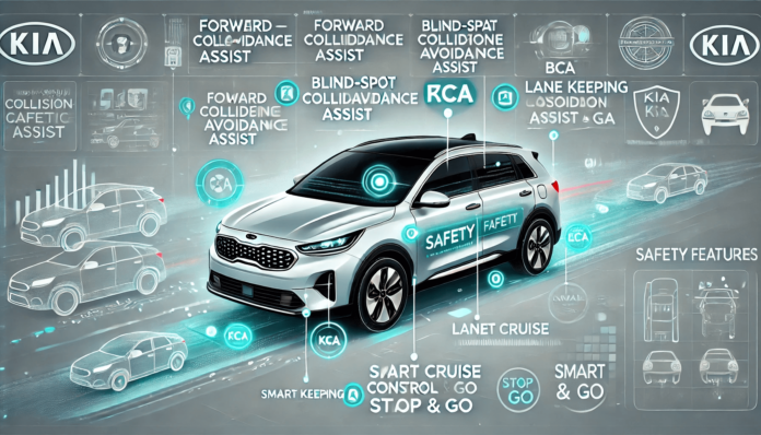 Infographic highlighting Kia's advanced safety features, including Forward Collision-Avoidance Assist (FCA), Blind-Spot Collision-Avoidance Assist (BCA), Lane Keeping Assist (LKA), and Smart Cruise Control with Stop & Go, with a modern Kia vehicle in the background.