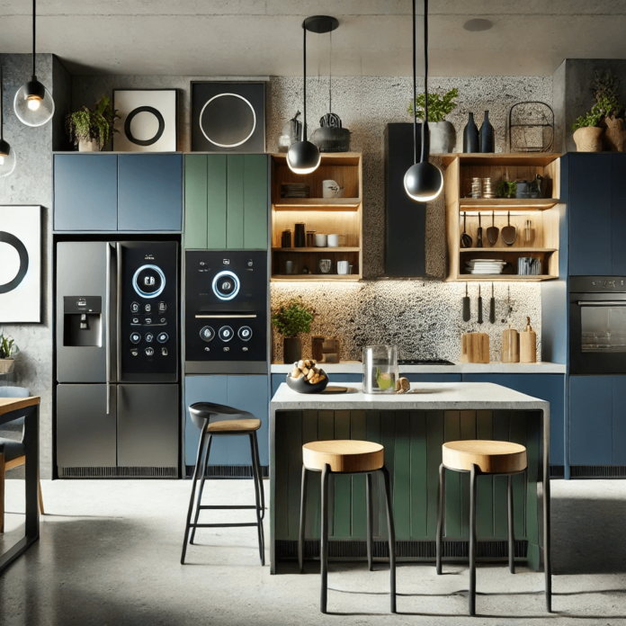 Image showcasing modern kitchen design trends for 2025, featuring bold navy blue and emerald green cabinets, and a multifunctional kitchen island with built-in seating in a contemporary kitchen space.