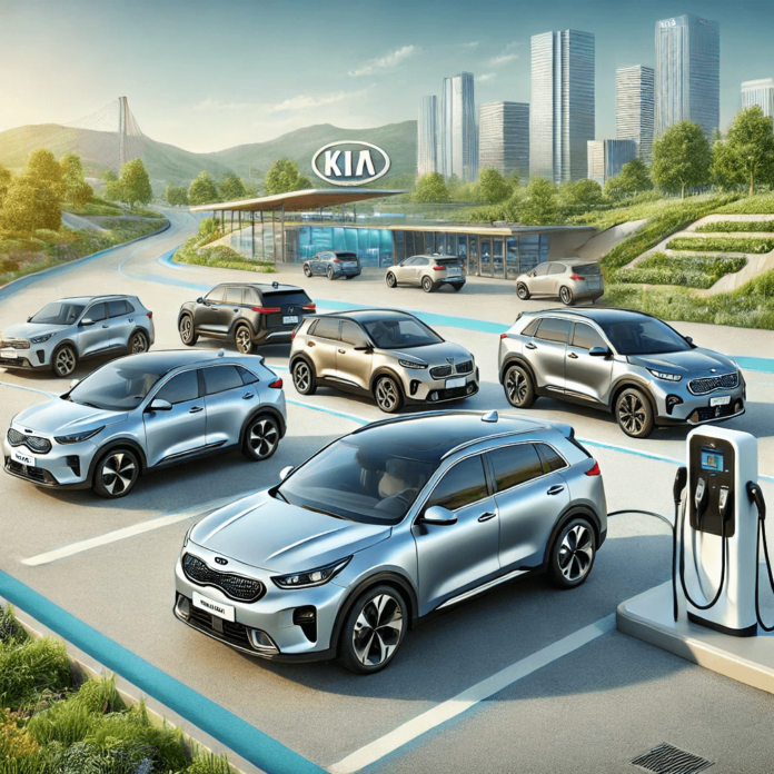 Illustration of 2025 Kia fuel-efficient cars, including the Niro Hybrid, Sportage Hybrid, and Sorento PHEV, in a clean urban environment with an electric vehicle charging station.