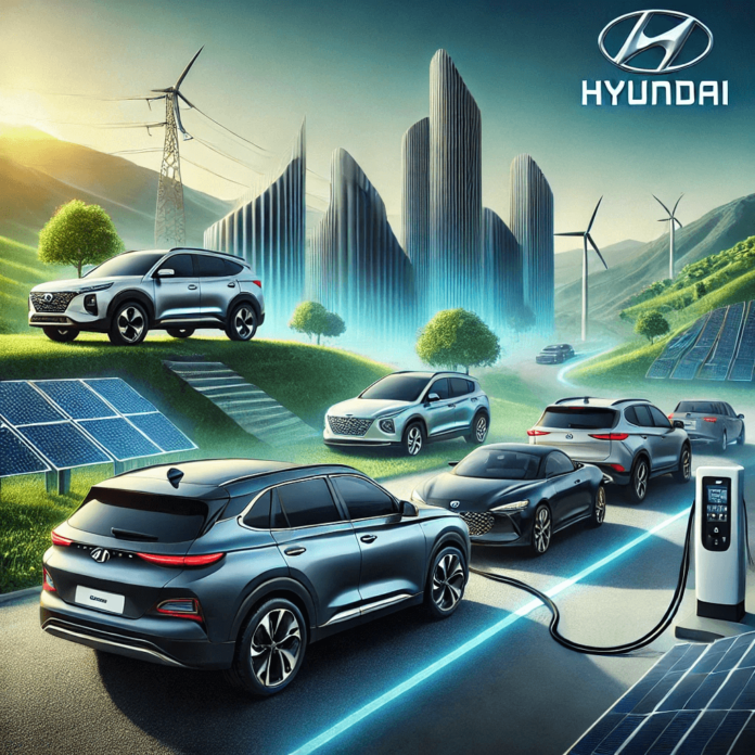 Hyundai cars lineup featuring a sleek sedan, SUV, and electric vehicle with modern design, digital dashboard, and eco-friendly elements like greenery and solar panels.