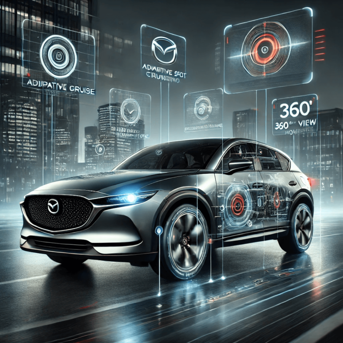 2025 Mazda model in an urban setting highlighting Adaptive Cruise Control, Blind Spot Monitoring, and 360-Degree View Monitor safety features.