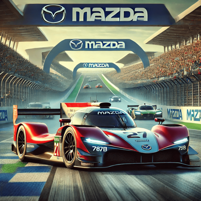 Mazda 787B race car competing on a historic track, representing Mazda's motorsports legacy and success at Le Mans.