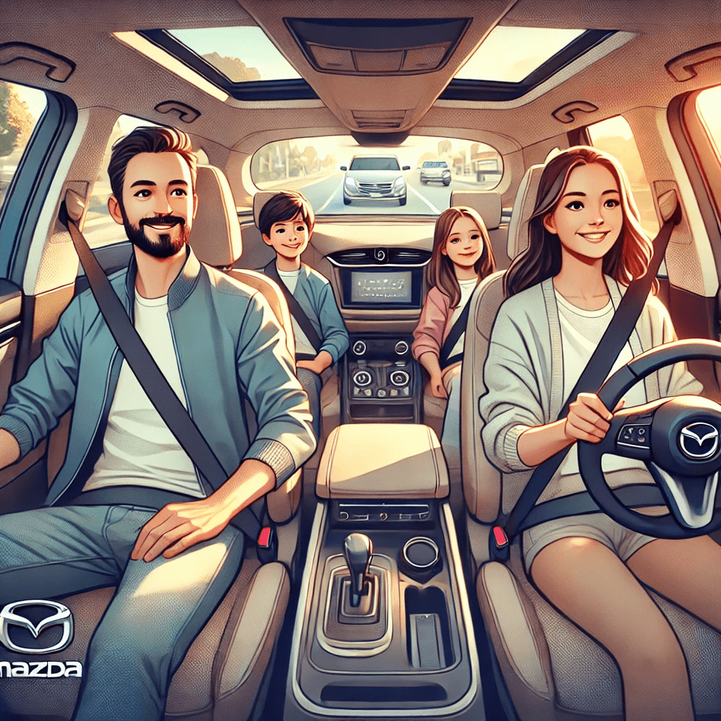 A family driving in a spacious Mazda SUV, highlighting the comfortable seating, safety features, and practical interior design for families.