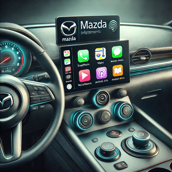 A modern car interior featuring Mazda's infotainment system with a central touchscreen, smartphone integration, and intuitive controls.