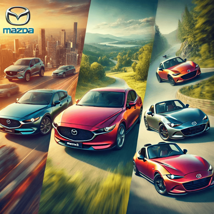 Mazda lineup featuring the Mazda3, CX-5, and MX-5 Miata in an outdoor setting, showcasing versatility for city drivers, adventurers, and sports car enthusiasts.