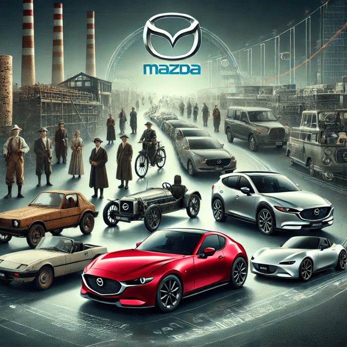 A visual timeline of Mazda's evolution, featuring iconic models like the Mazda-Go, RX-7, MX-5 Miata, and MX-30, highlighting the brand’s transformation from its early days to modern innovation.