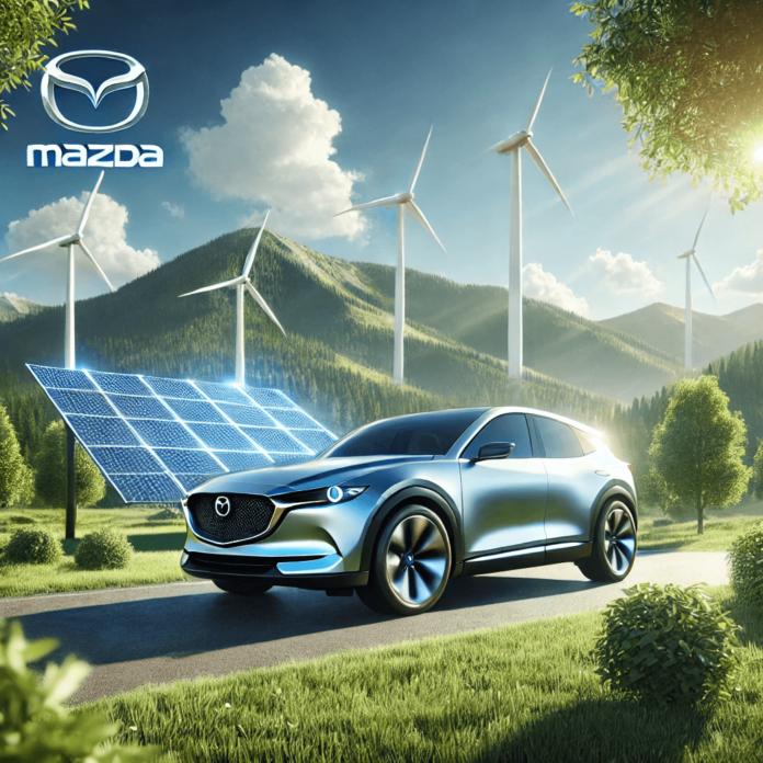 Futuristic Mazda electric vehicle driving through a green landscape with wind turbines and solar panels, representing sustainability and eco-friendly innovation.