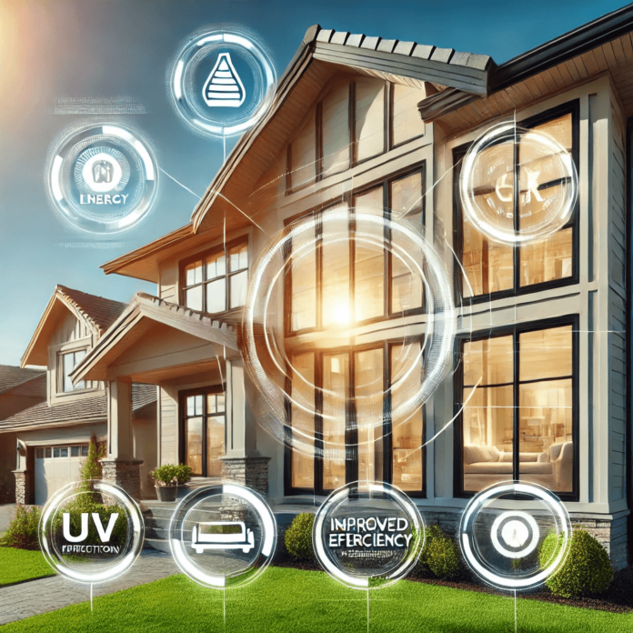 Modern suburban home with newly installed energy-efficient windows, showcasing enhanced curb appeal, improved insulation, and increased natural light under a bright sky.