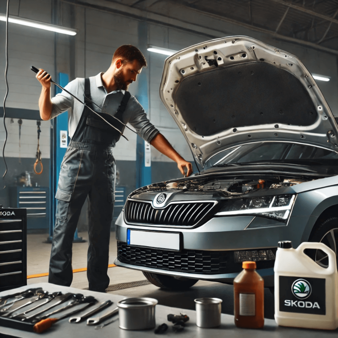 A mechanic checking the fluid levels of a Skoda car, including brake fluid, coolant, and transmission fluid, in a professional service center.