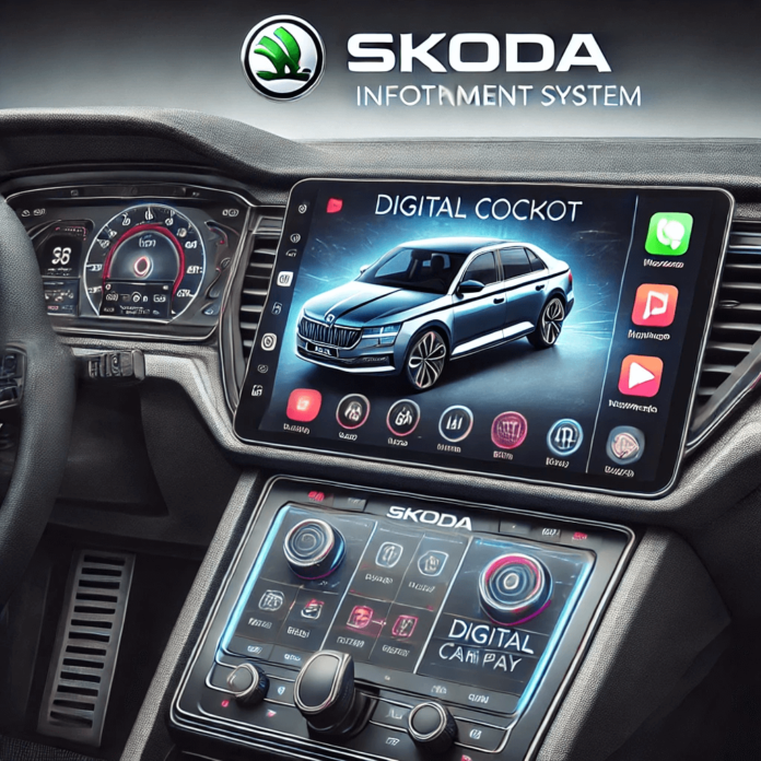 Skoda car interior featuring advanced technology, including the digital cockpit display and infotainment system with a touchscreen and smart controls.