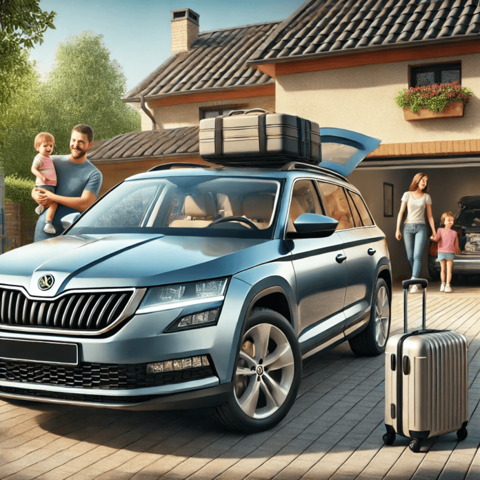 A Skoda family car, such as the Skoda Kodiaq or Octavia, with a family preparing for a road trip.