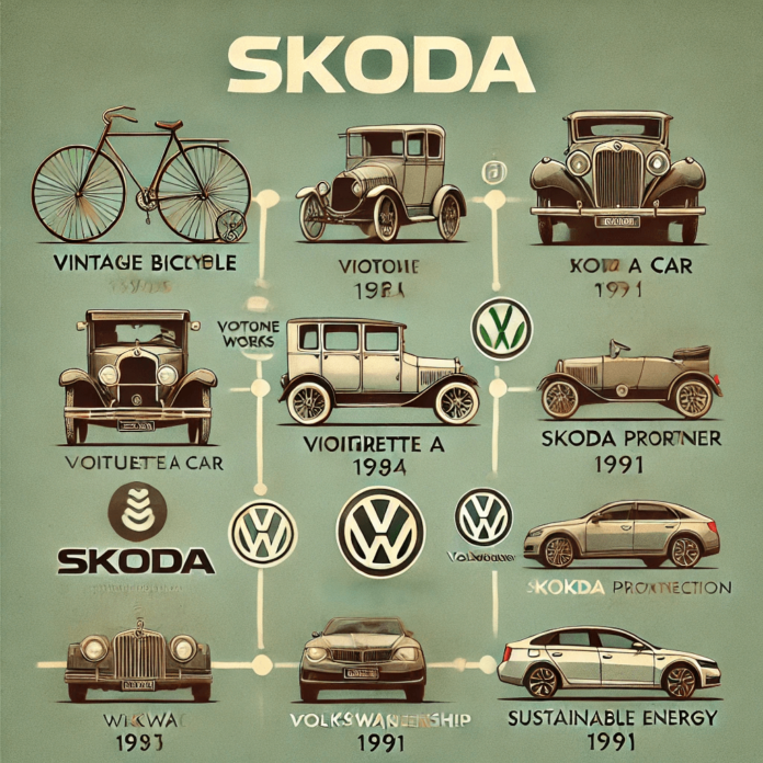 A timeline illustrating the evolution of Skoda, from its origins as a bicycle manufacturer in the late 1800s to a modern automotive brand, including key milestones like the Voiturette