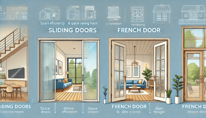 Illustration comparing sliding doors and French doors in a modern home setting. Sliding doors feature large glass panels and space-saving design, while French doors offer a classic look with double doors that open wide for better ventilation.