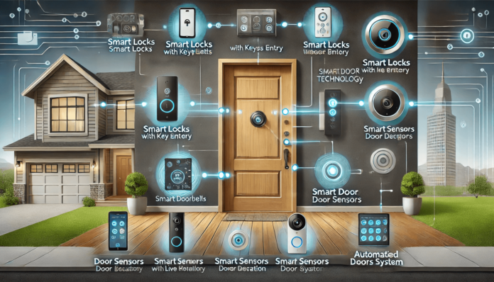 Illustration of smart door technology, featuring keyless entry smart locks, video doorbells with live monitoring, smart door sensors, and automated door systems.