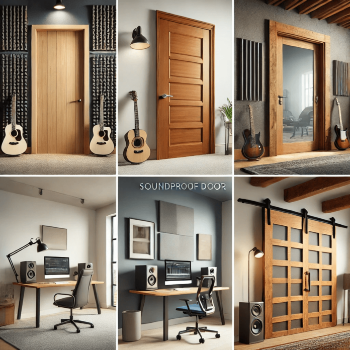 Image showcasing various soundproof doors including a solid core door, an acoustic door with sound-dampening layers, a glass door with acoustic glass, and a sliding barn door with added soundproofing materials in a modern home office setting.