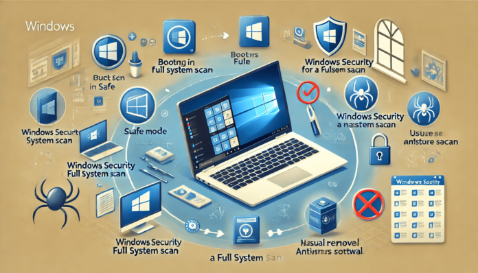 Illustration of a Windows laptop with key steps to remove malware, including booting into Safe Mode, running Windows Security scans, using third-party antivirus software, and utilizing a rescue disk.