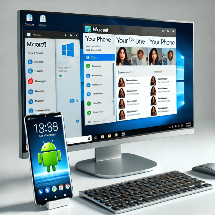 Windows PC displaying Microsoft Your Phone app connected to Android, showing synced messages, notifications, and photos.