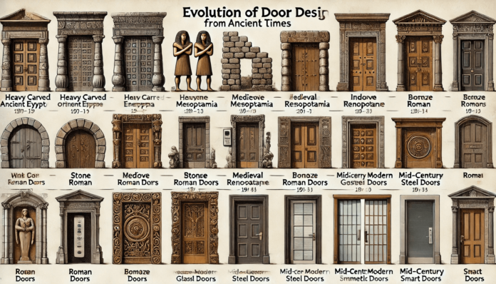 A timeline illustration showing the evolution of door design, featuring ancient Egyptian carved doors, Roman bronze doors, medieval castle doors, Renaissance ornate doors, industrial iron doors, mid-century modern sliding glass doors, and contemporary smart doors with digital keypads.