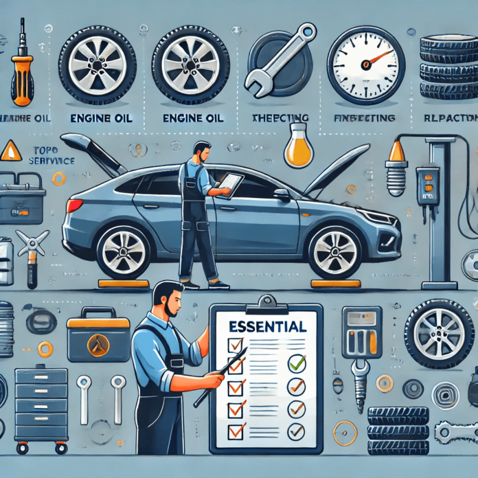 Mechanic performing essential car maintenance services including oil change, tire pressure check, brake inspection, battery testing, and alignment in a professional auto workshop.