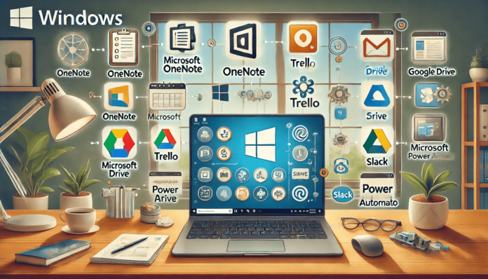 Illustration of a Windows laptop in a home office setting, featuring productivity apps like Microsoft OneNote, Trello, Microsoft Teams, Google Drive, and Slack.