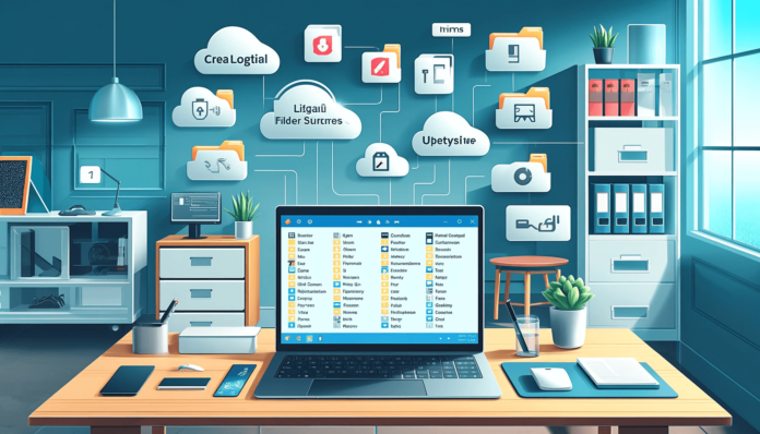 Illustration of a Windows laptop with an organized folder structure, cloud storage icons like OneDrive, and setting up automated workflows